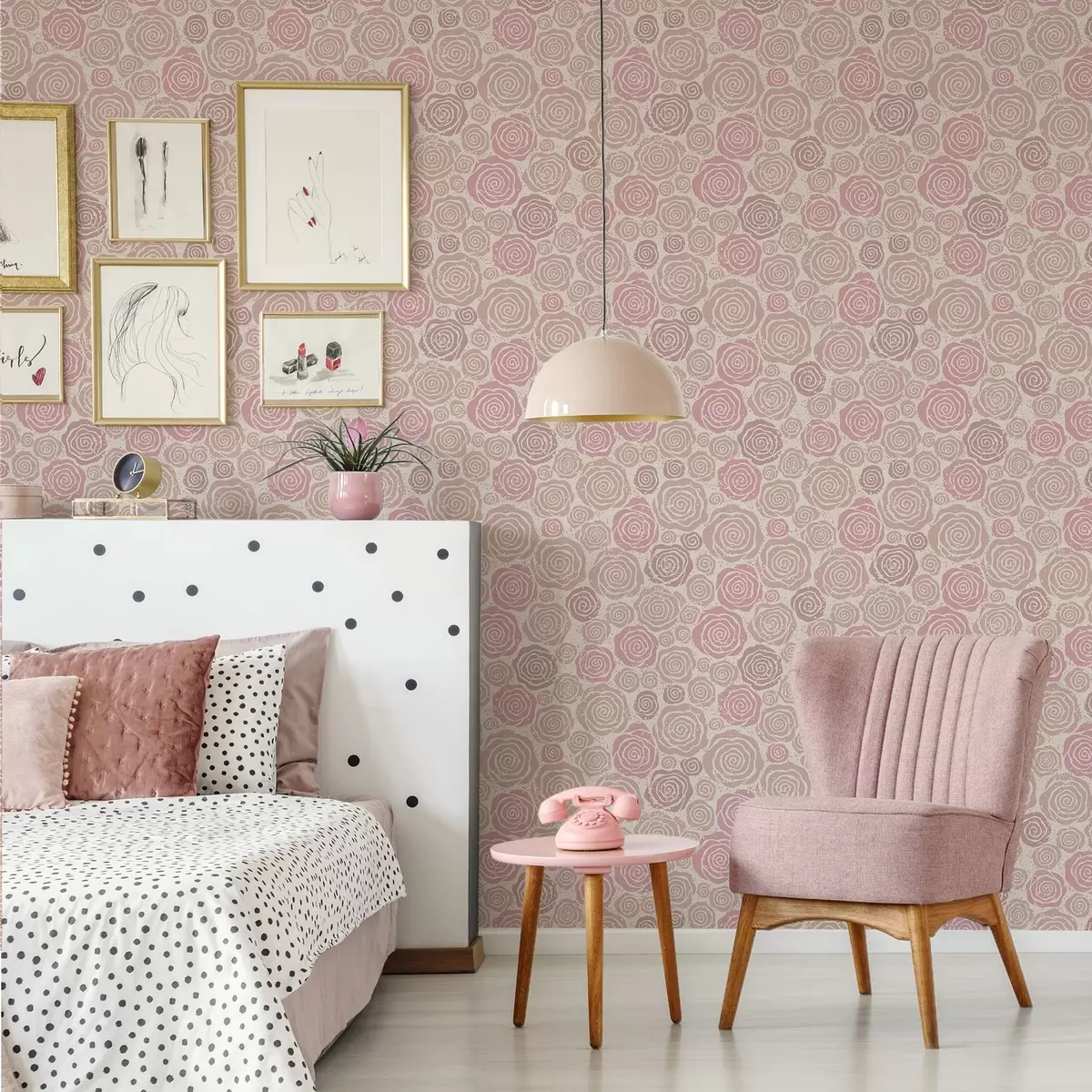 Тапети Спираловидни розови рози и пръски върху светъл фон a00955