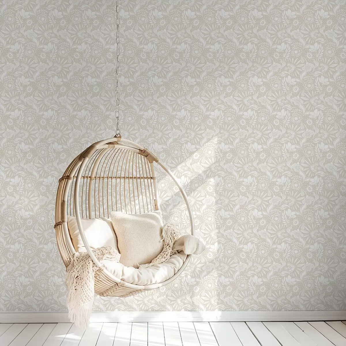 Тапети Бял линеен флорален орнамент върху бежов фон a00956