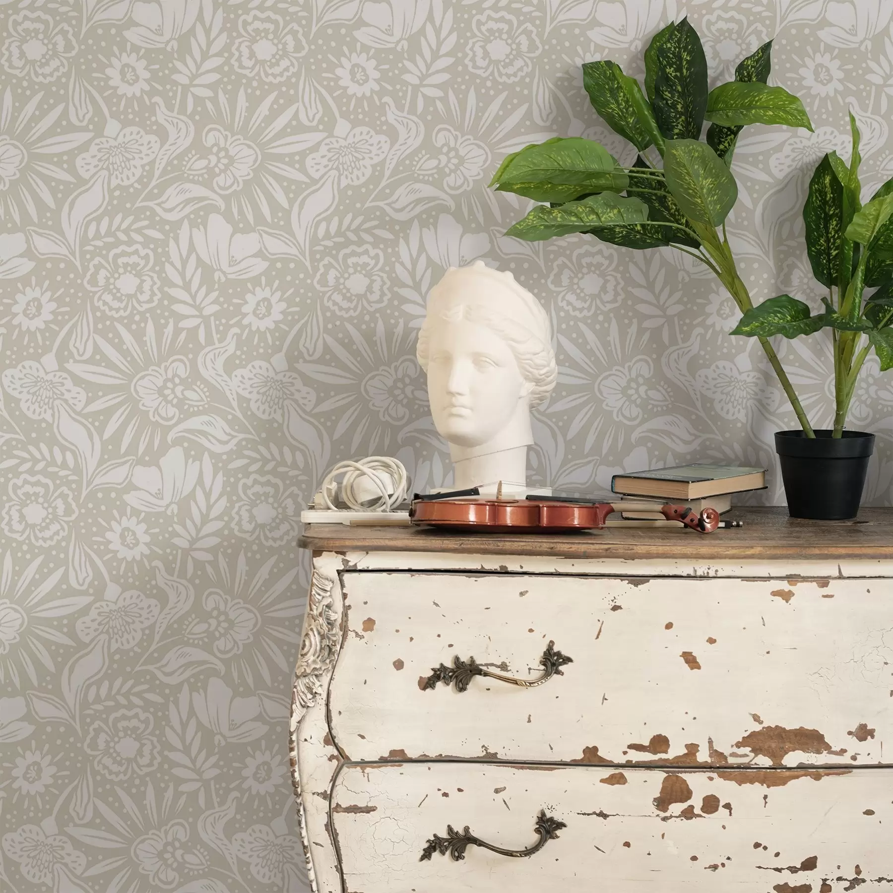 Фототапет Бял линеен флорален орнамент върху бежов фон a00956