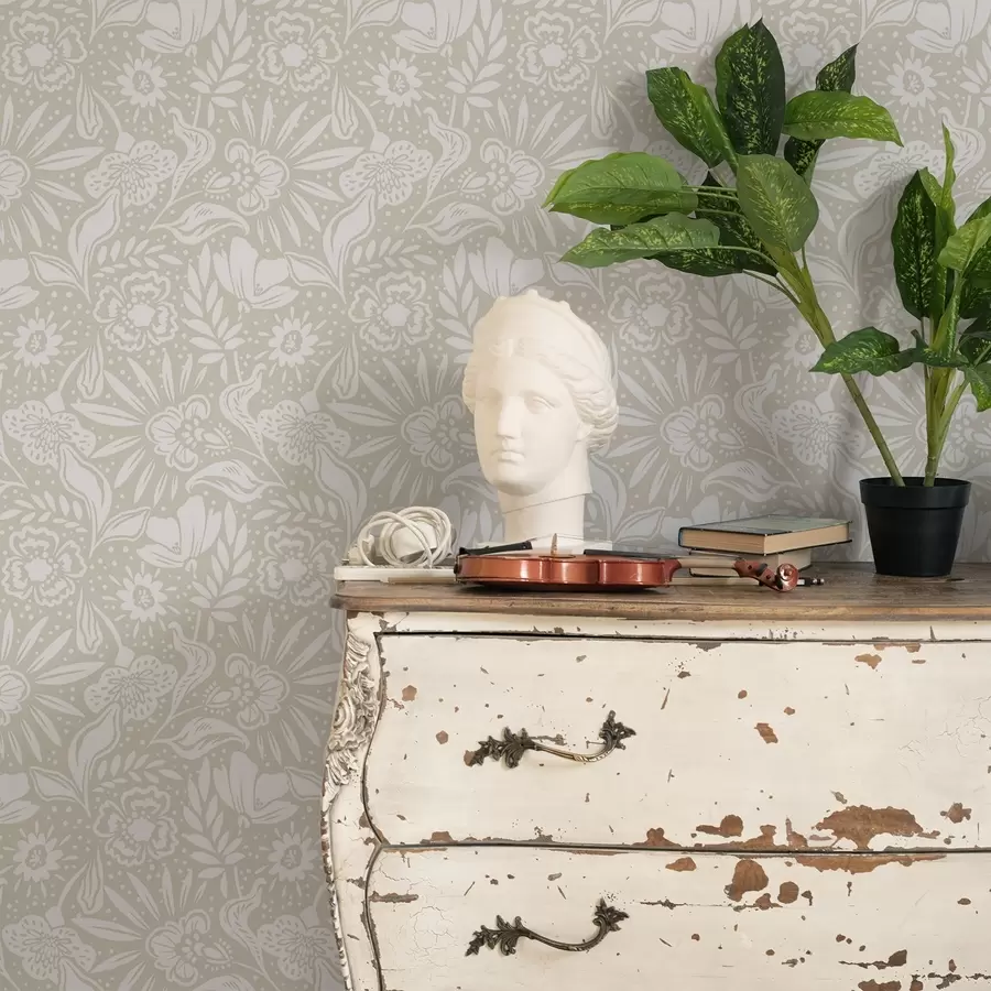 Фототапет Бял линеен флорален орнамент върху бежов фон a00956