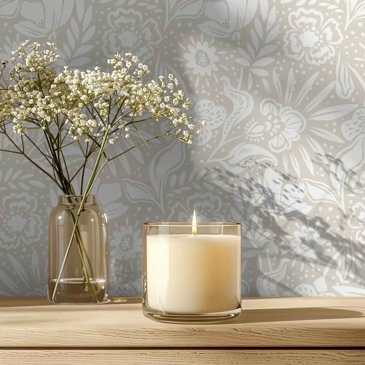 Тапети Бял линеен флорален орнамент върху бежов фон a00956