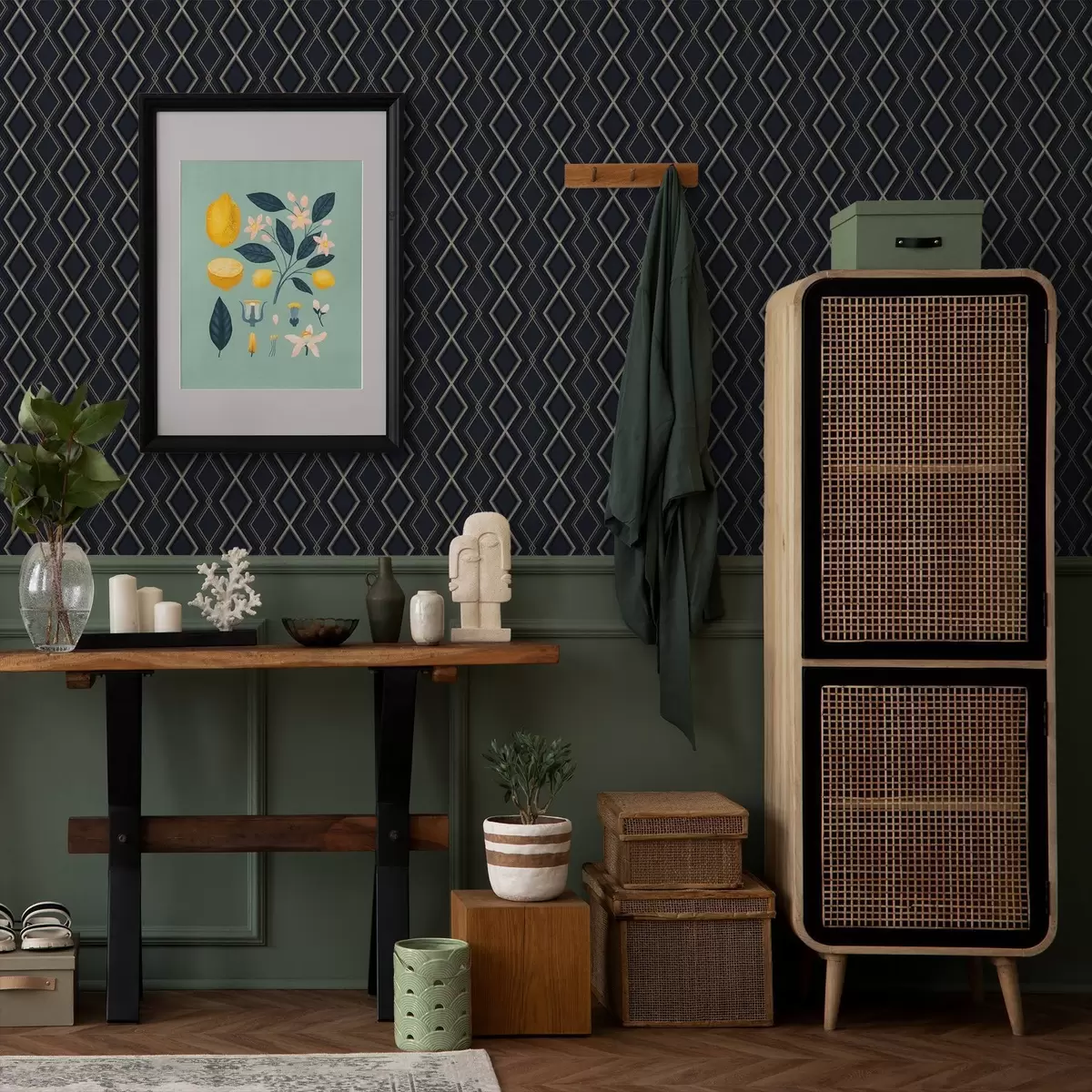 Тапети Тъмносиня диамантена решетка с тънки светли линии a00975