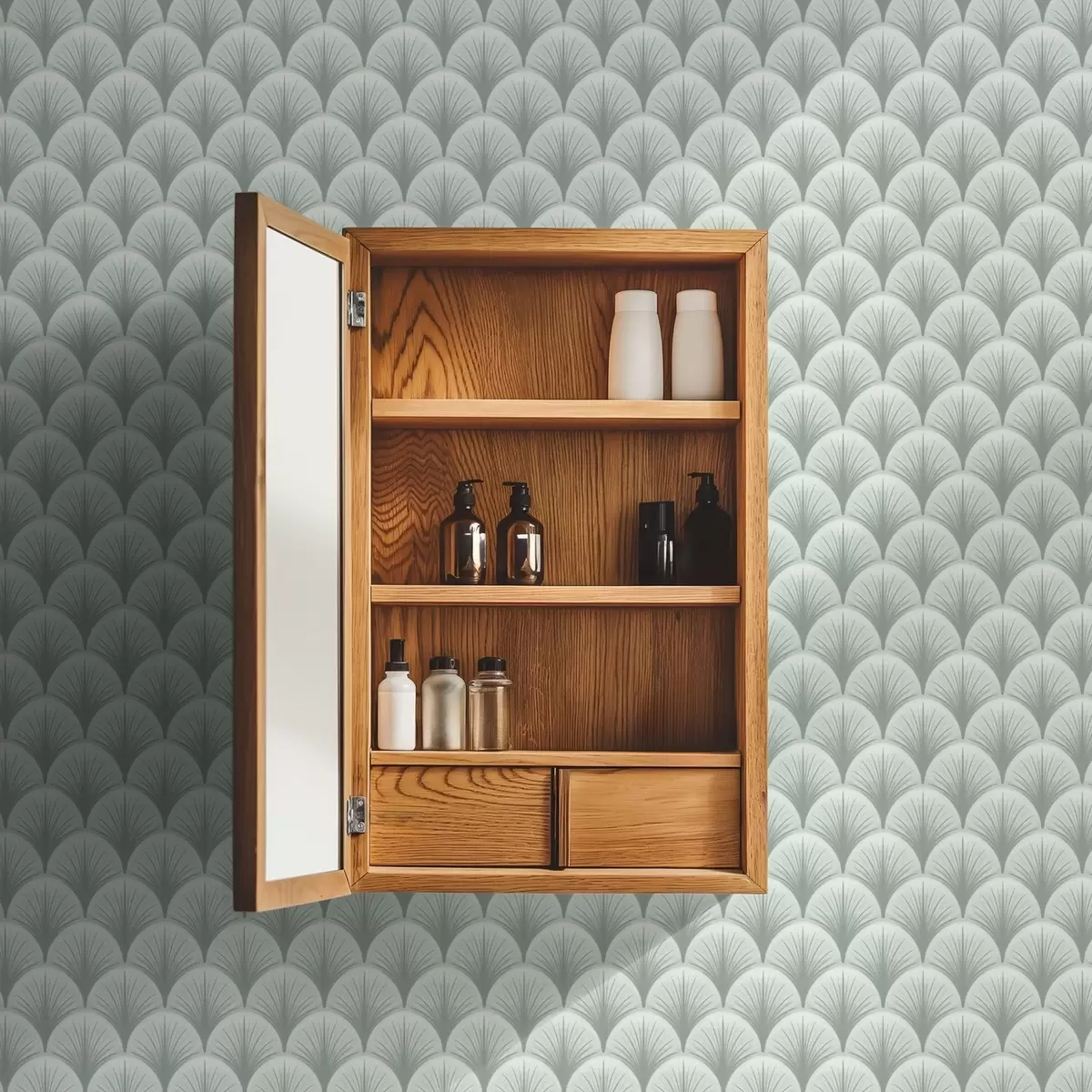 Тапети Ментови вентилаторни арки с лъчи на мек зеленикав фон a00978v2