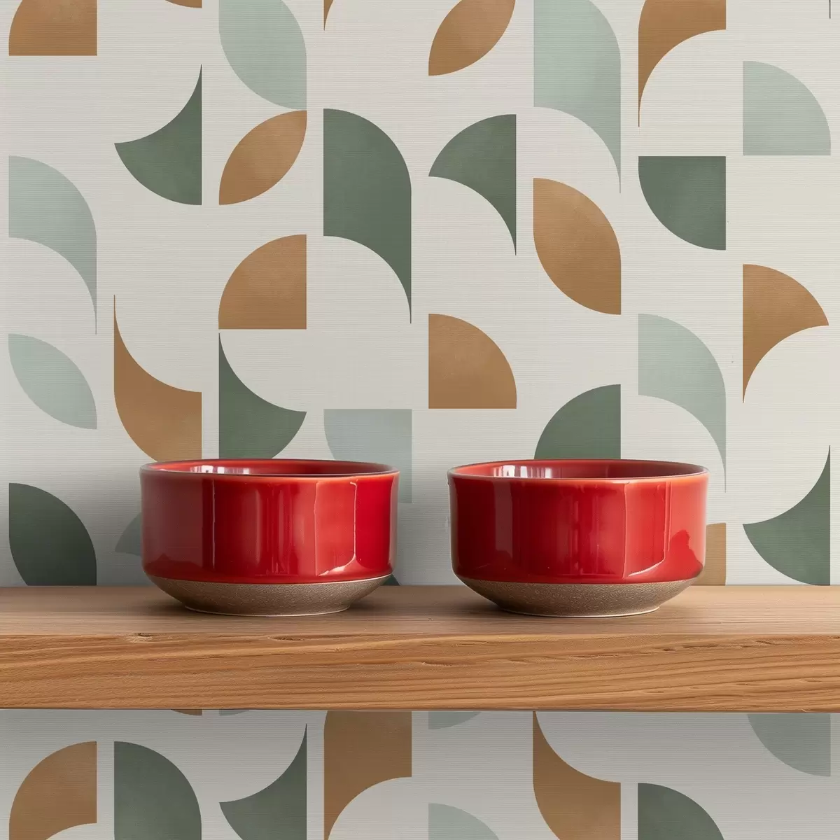 Тапети Абстрактни полукръгове и листа в зелено и теракота a00985