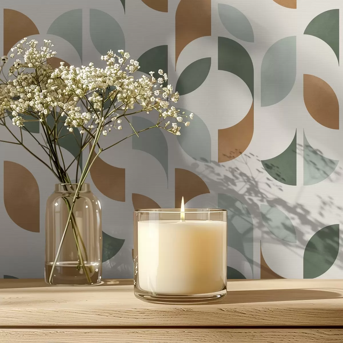 Тапети Вертикални колони от полукръгове и листа, зелено-теракота a00986