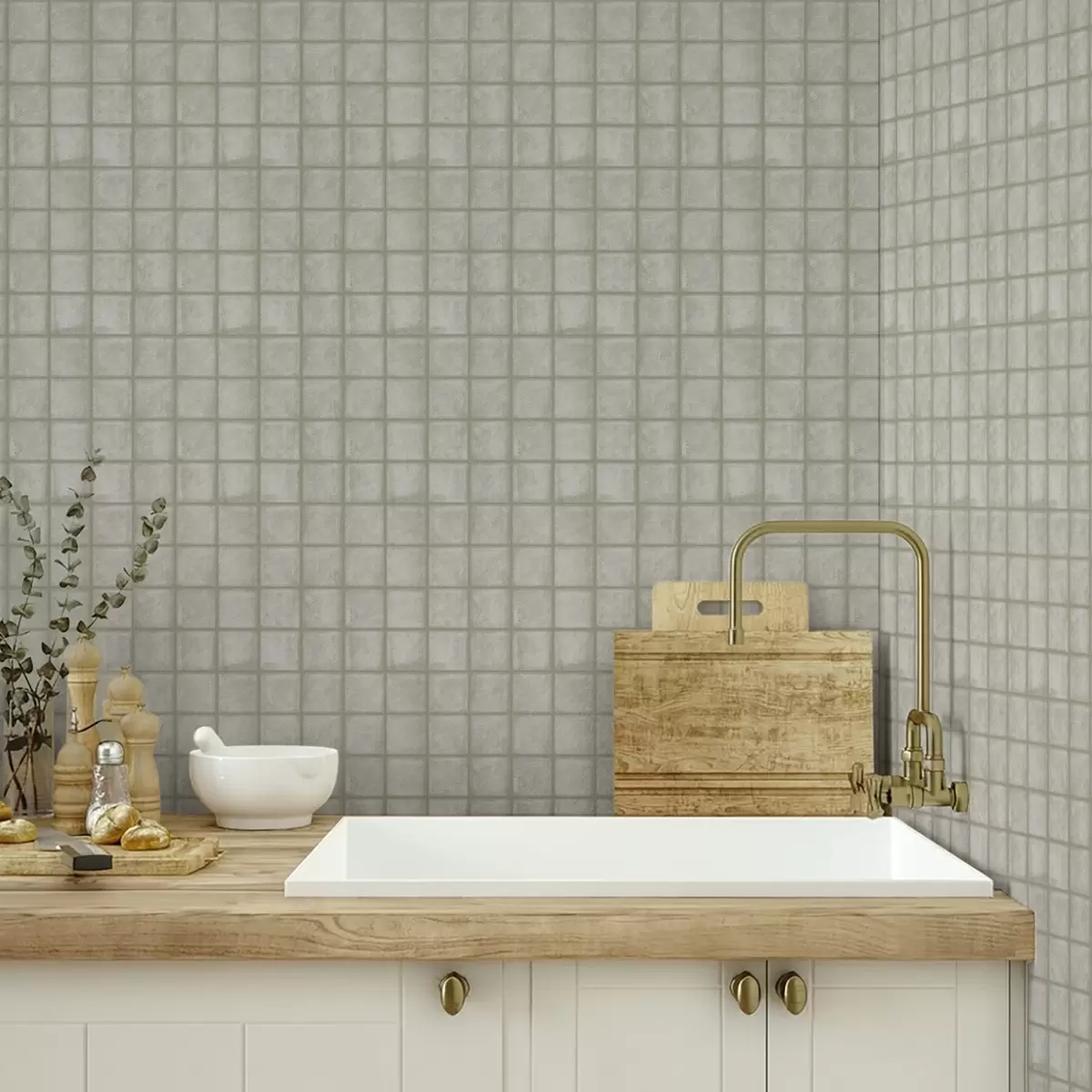 Тапети Имитация на квадратни плочки в мека сиво-зелена палитра a00988