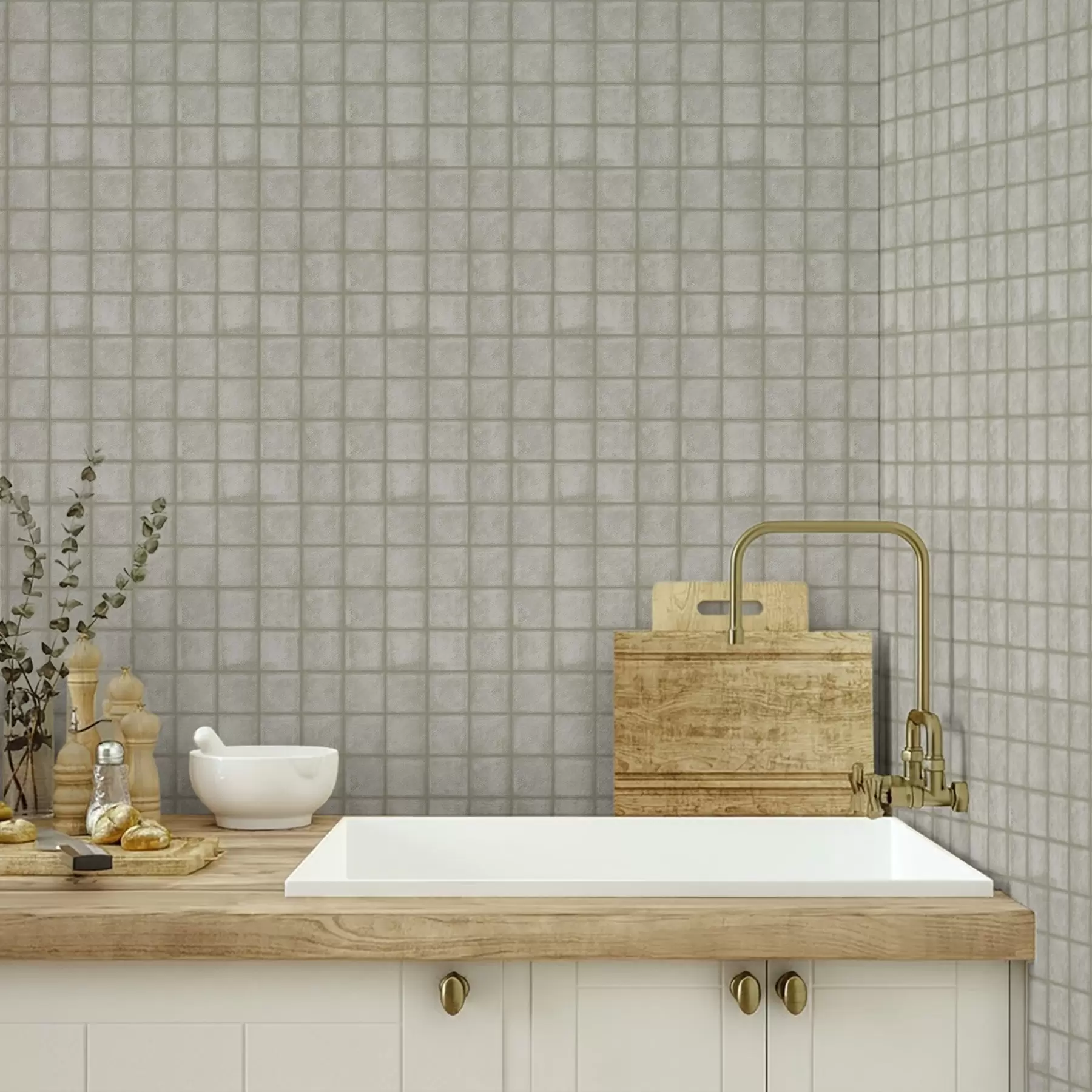 Фототапет Имитация на квадратни плочки в мека сиво-зелена палитра a00988