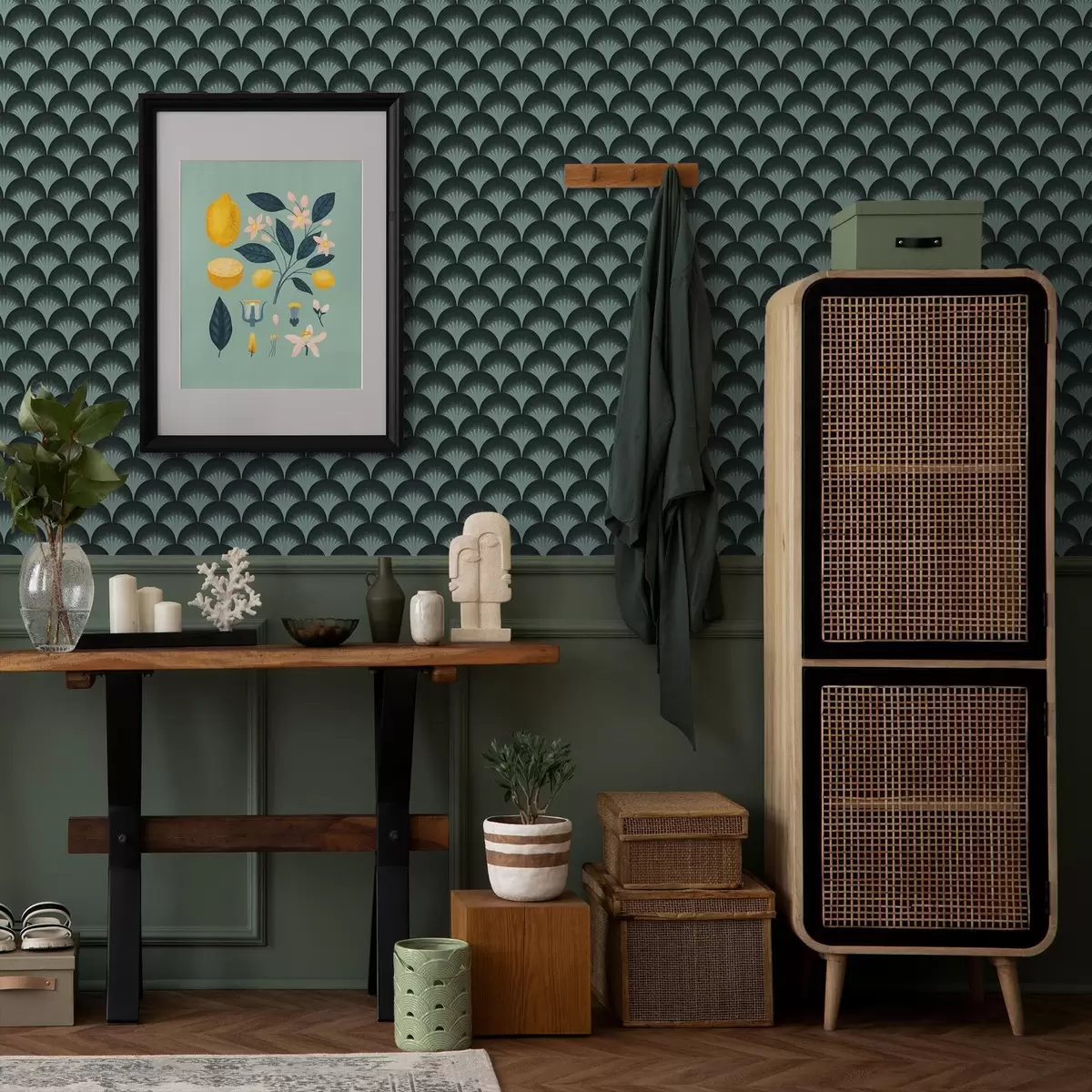 Тапети Контрастни ментови листа на почти черен фон a00990