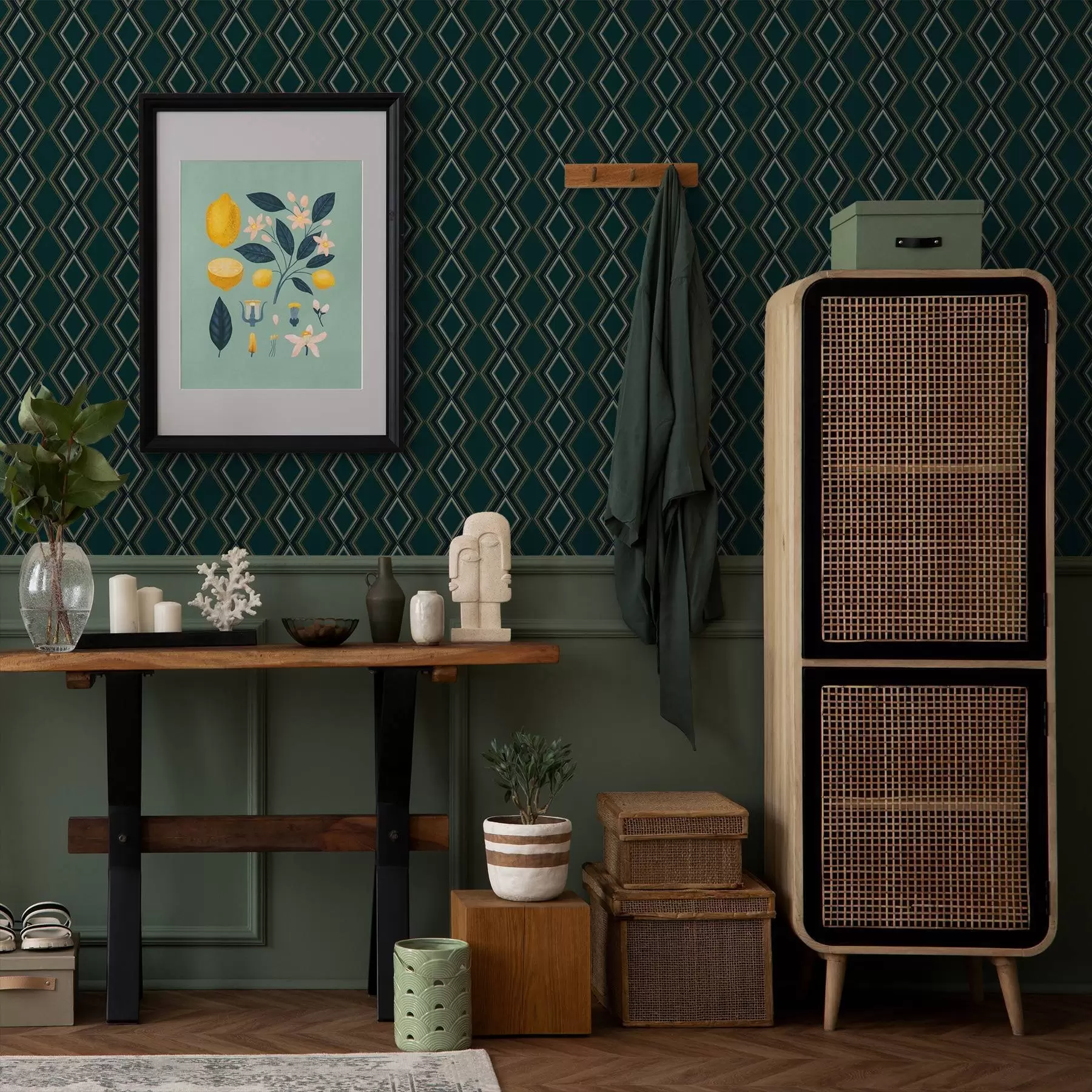 Фототапет Тъмно синьо-зелен фон с вертикални редове от ромбове a00976