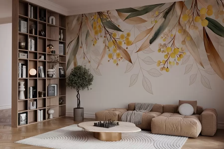 Фототапет цветя и листа от мимоза, падащи отгоре в акварелен стил w04880