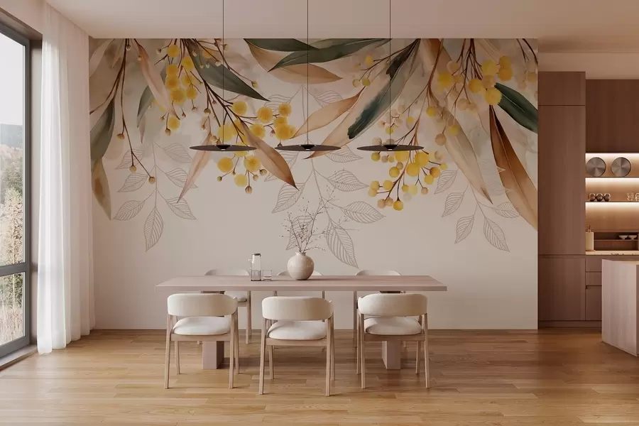 Фототапет цветя и листа от мимоза, падащи отгоре в акварелен стил w04880