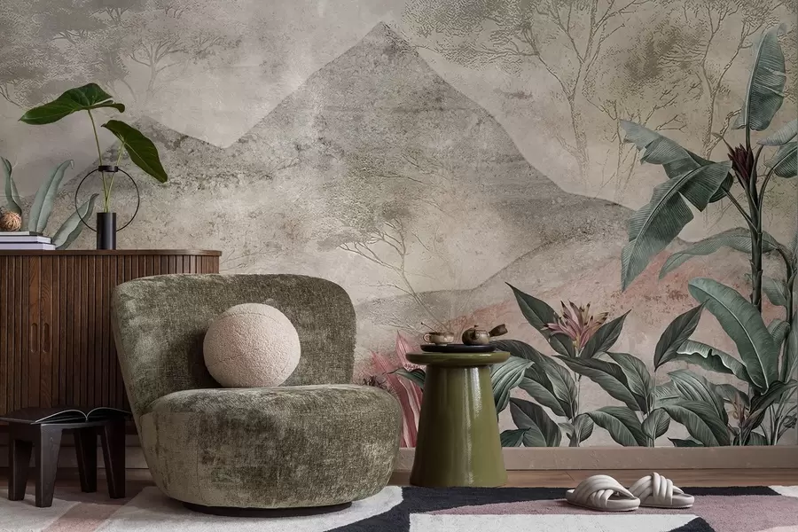 Фототапет Пастелни бананови листа и тропически цветя на фона на планините w04933