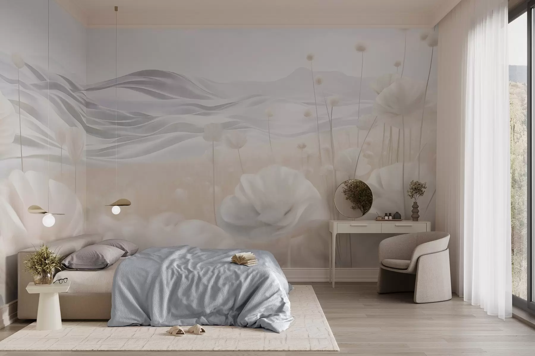 Фототапет Текстурирано поле от кремави макове с хълмисти възвишения под бледосиньо небе с меки облаци, пастелни цветове w09553