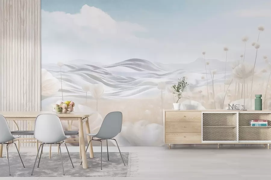 Фототапет Текстурирано поле от кремави макове с хълмисти възвишения под бледосиньо небе с меки облаци, пастелни цветове w09553