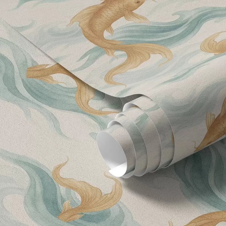 Фототапет Кехлибарена кои риба, плуваща сред меки тюркоазени вълни a00894