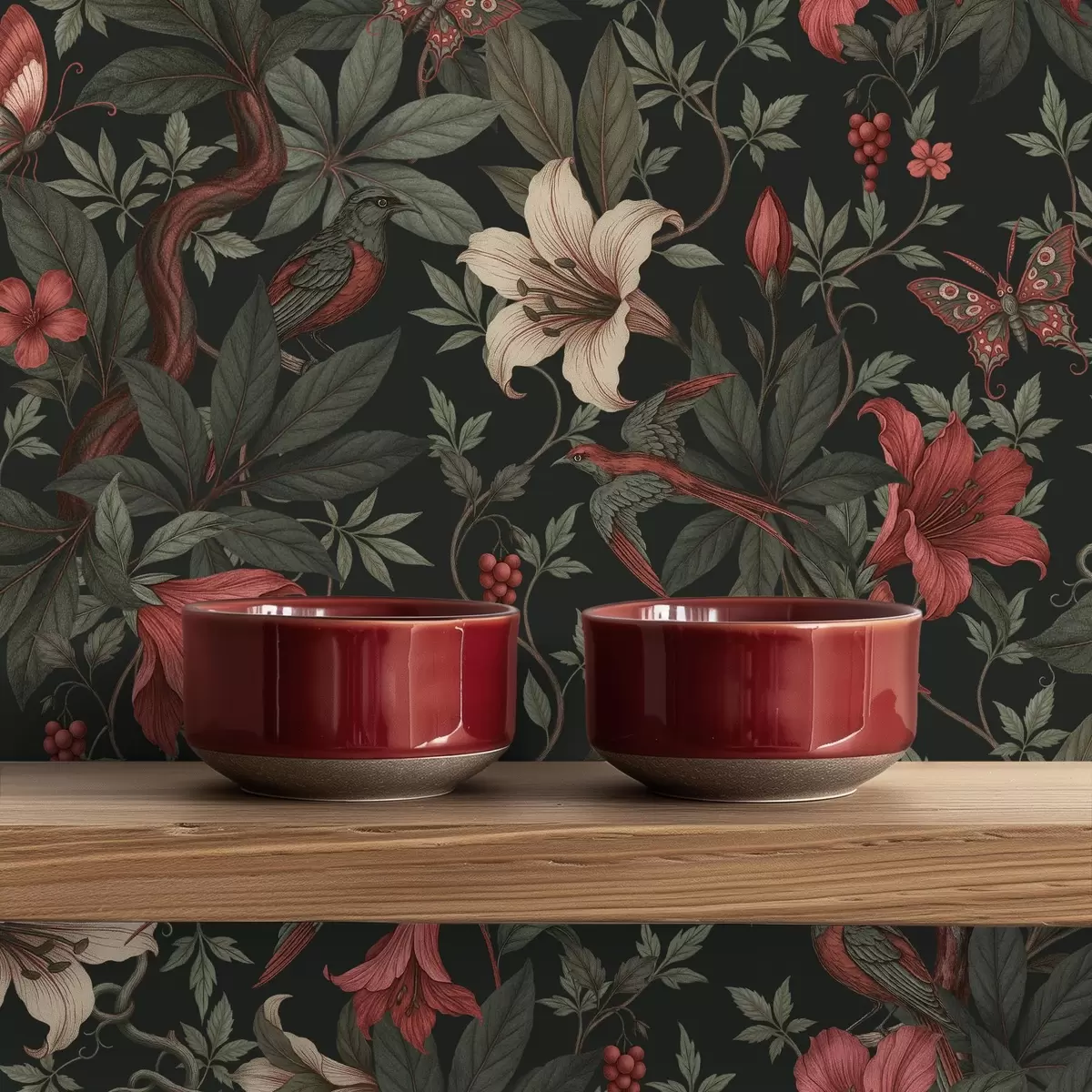 Тапети Тъмни джунглеви цветя с птици и пеперуди a00895