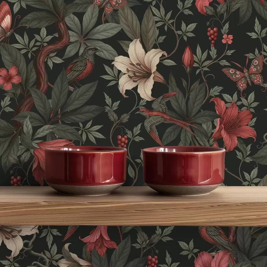 Фототапет Тъмни джунглеви цветя с птици и пеперуди a00895