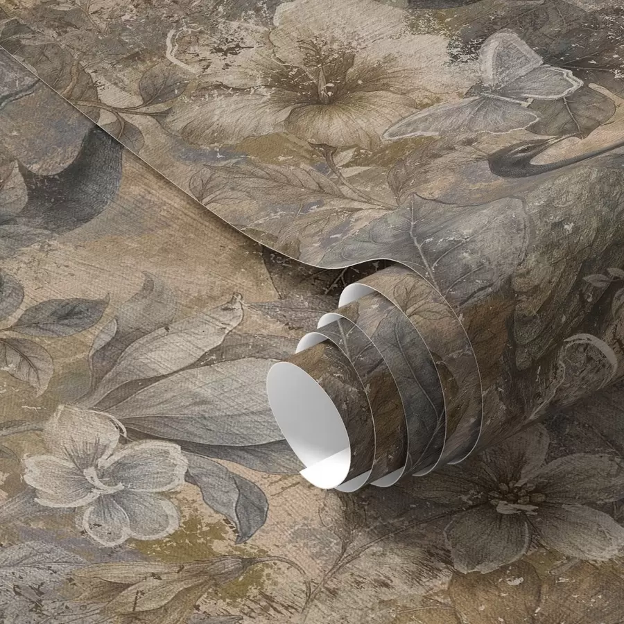 Фототапет Старинна флорална колаж с пауни и пеперуди a00897