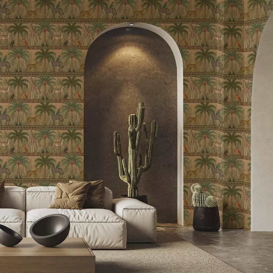Фототапет Декоративни животни от саваната между палми и бордюри a00898