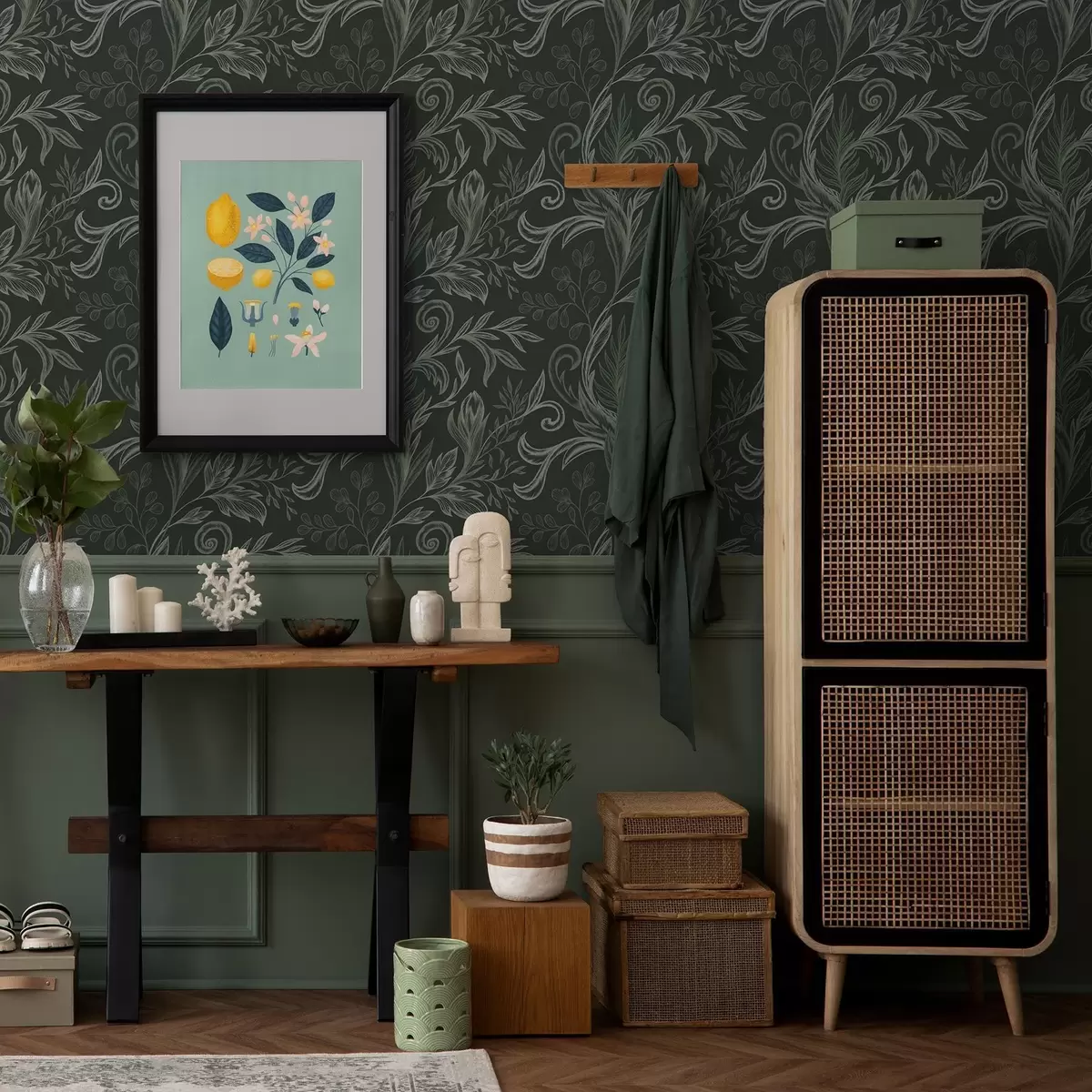 Тапети Дълбока гора с накъдрени листа в кремавозелени нюанси a00935v2