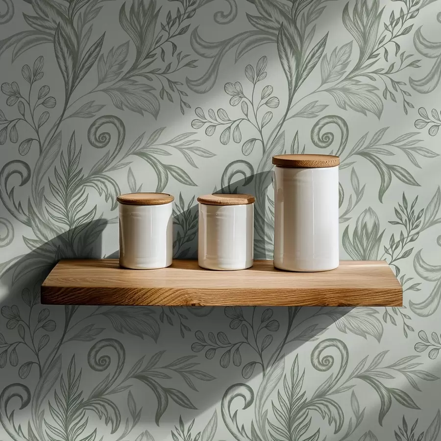 Фототапет Меки листа с аромат на мента, навити в нежни сиво-зелени линии a00935v3