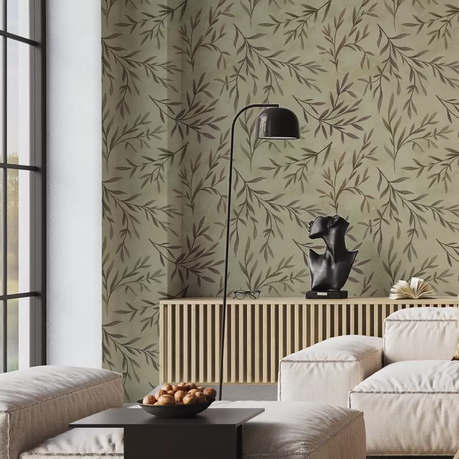 Фототапет Лилави и зелени клони с листа на топъл фон a00936v4