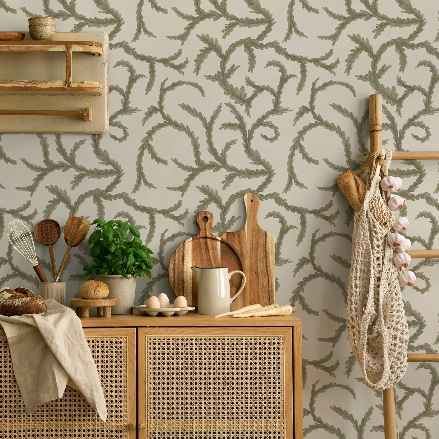 Фототапет Меки зелени иглолистни къдрици на светъл фон a00938