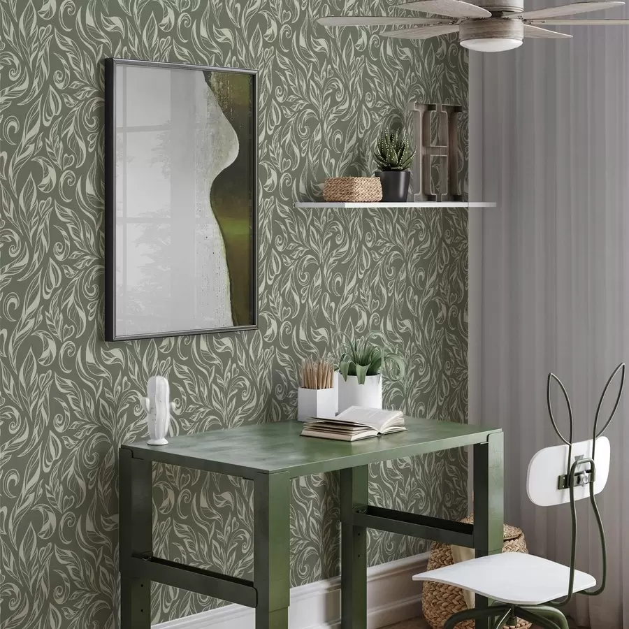 Фототапет Кремаво листно орнамент върху зеленикаво-сив фон a00940v2