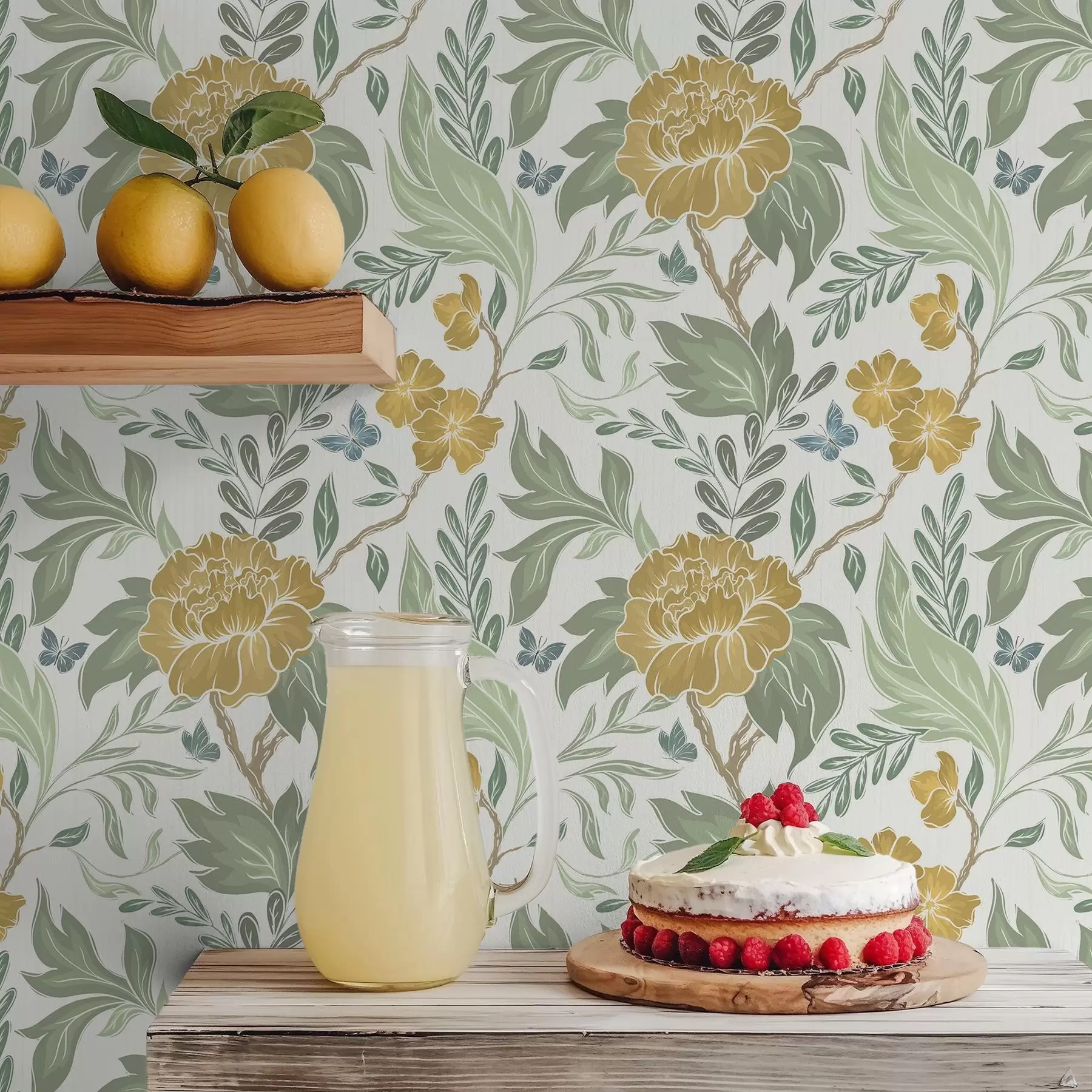 Фототапет Големи жълти божури и зеленина на светъл фон a00941