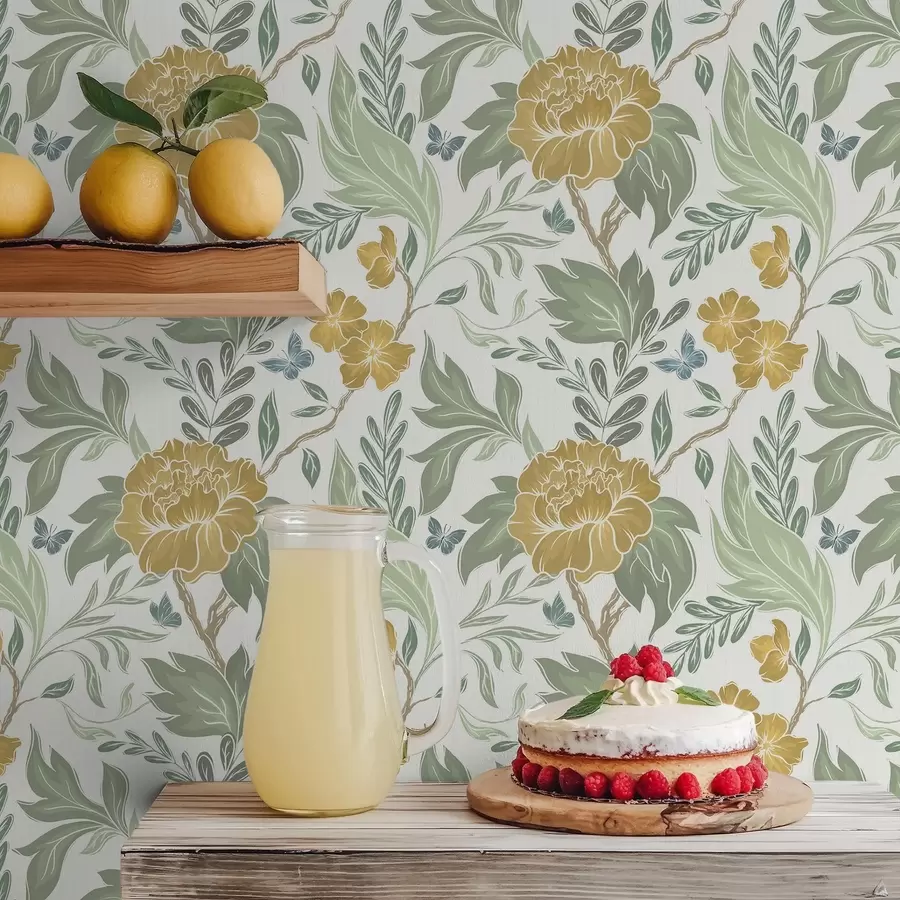 Фототапет Големи жълти божури и зеленина на светъл фон a00941