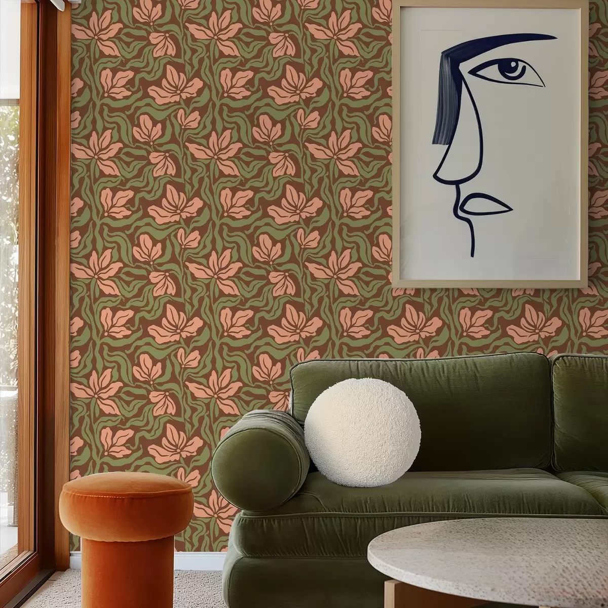 Тапети Цветя от праскова и зеленина на тъмнокафяв фон a00958v2