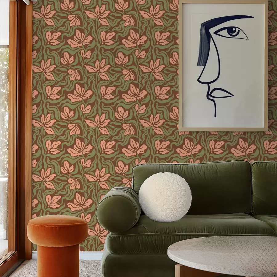 Фототапет Цветя от праскова и зеленина на тъмнокафяв фон a00958v2