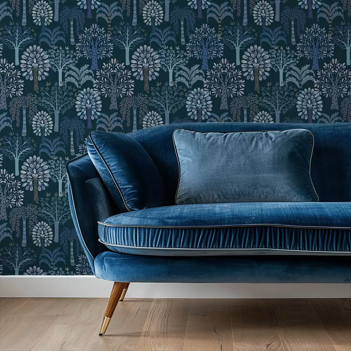 Тапети Нощна гора с декоративни дървета в сини нюанси a00960v2