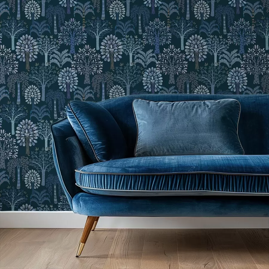 Фототапет Нощна гора с декоративни дървета в сини нюанси a00960v2