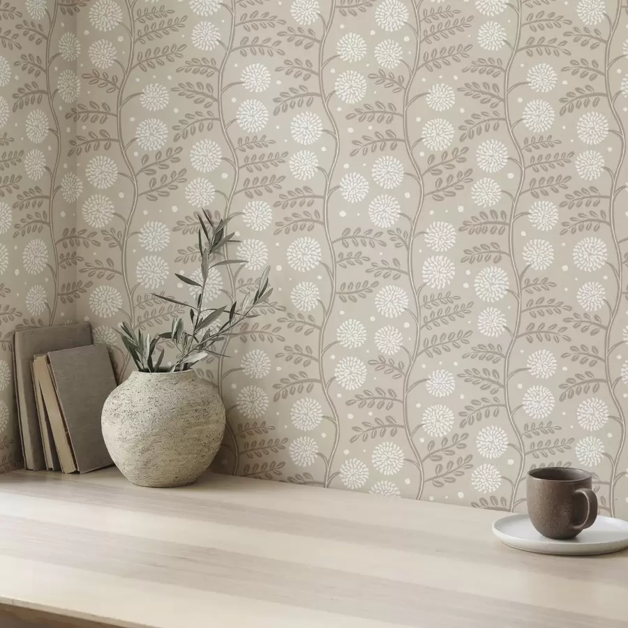 Фототапет Бежови стъбла с бели пухкави цветя и меки точки a00997