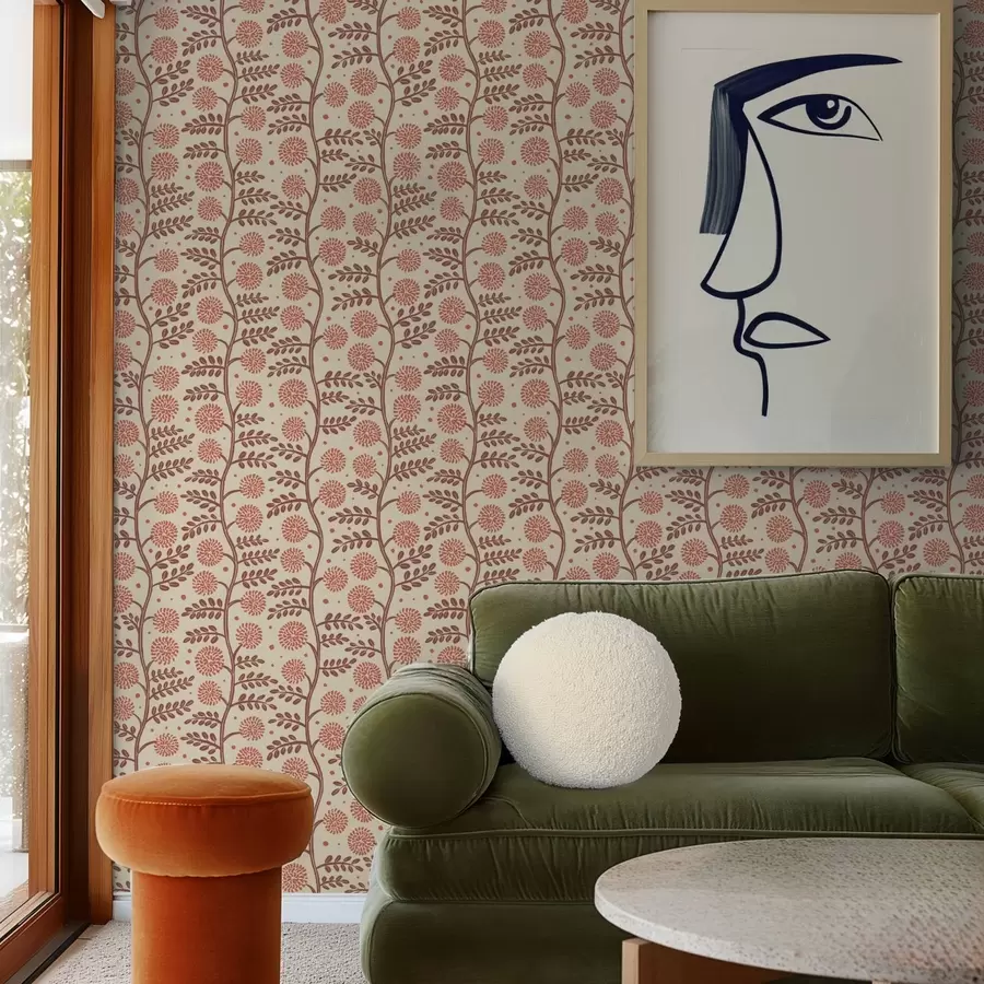 Фототапет Теракотени стъбла с пухкави коралови цветя на кремав фон a00997v1