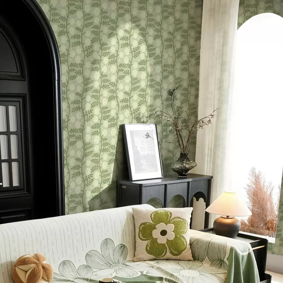 Фототапет Салвиевозелени стъбла с пухкави цветя в цвят слонова кост и точки a00997v2