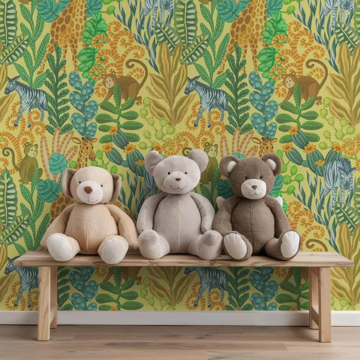 Тапети Жираф, зебра и маймуна в яркожълта савана a01000v1