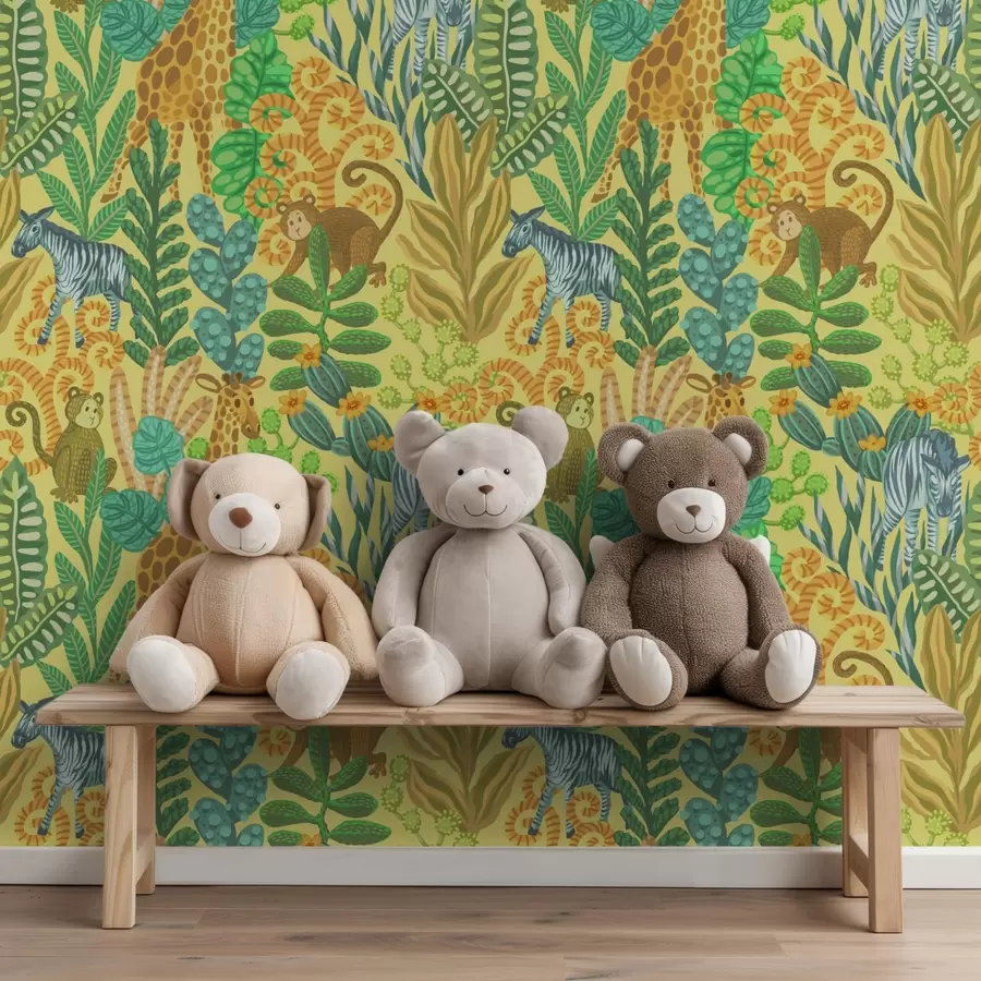 Фототапет Жираф, зебра и маймуна в яркожълта савана a01000v1