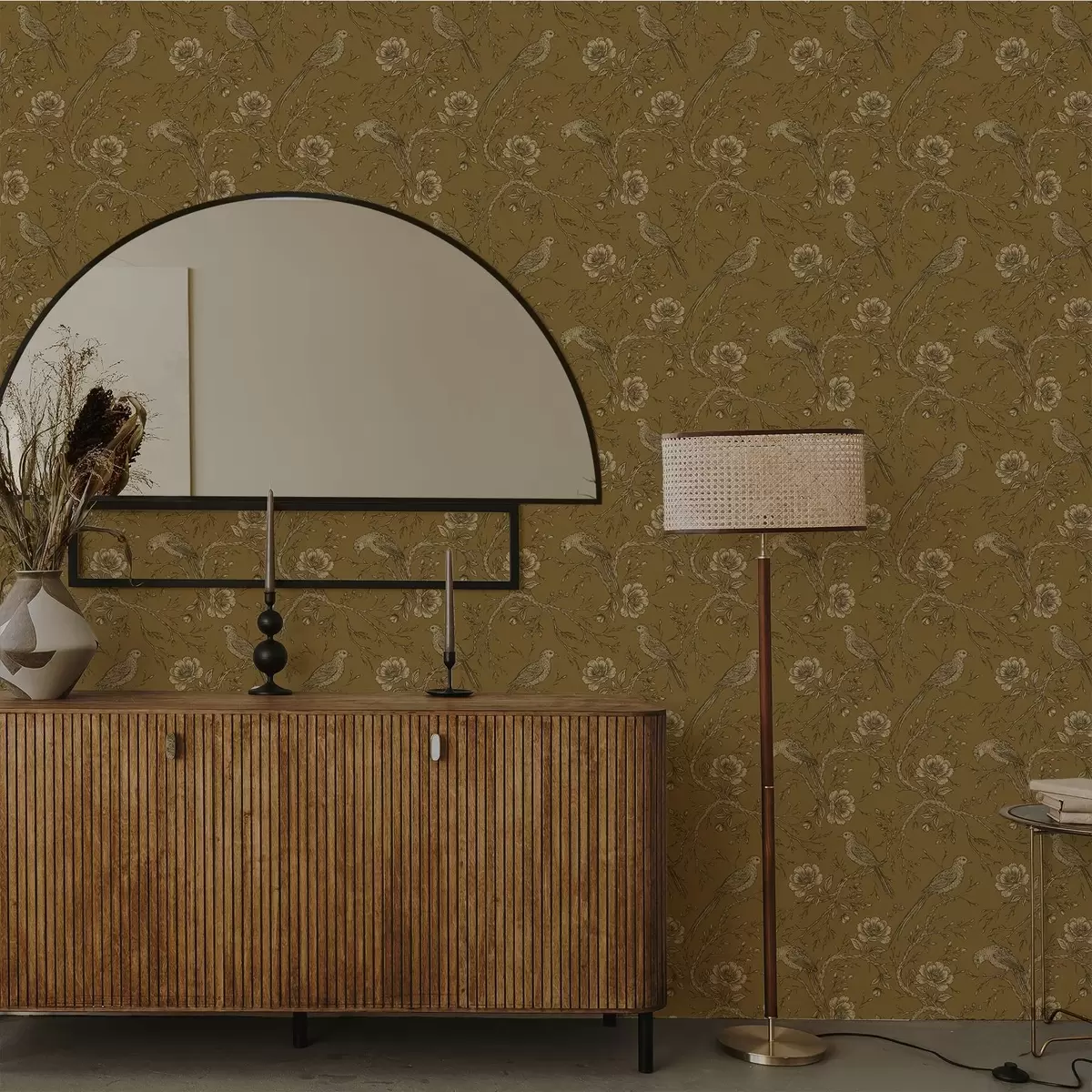 Тапети Ретро птици и цветя на топъл маслинов фон a01022v1