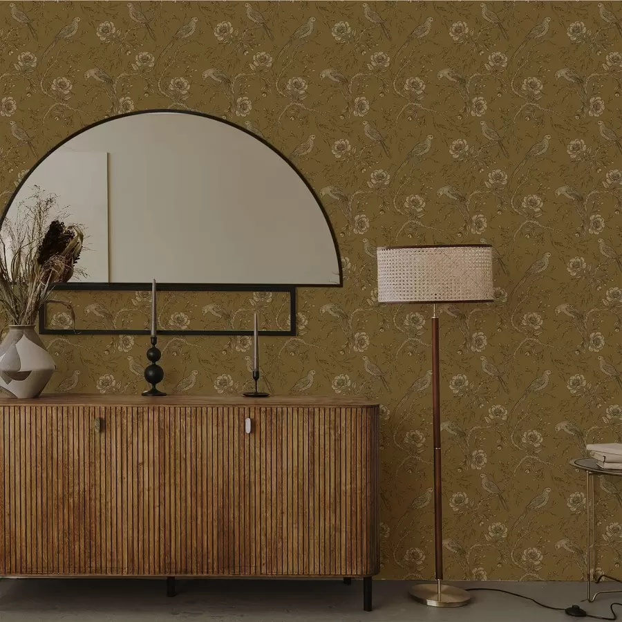 Фототапет Ретро птици и цветя на топъл маслинов фон a01022v1