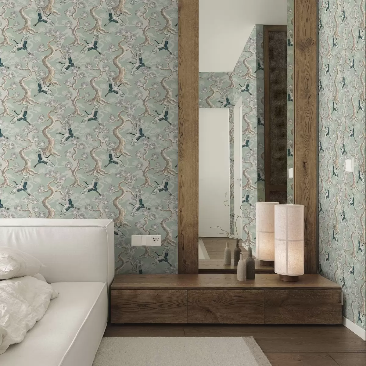 Тапети Журавли сред извити клони на мек салатов фон a01023