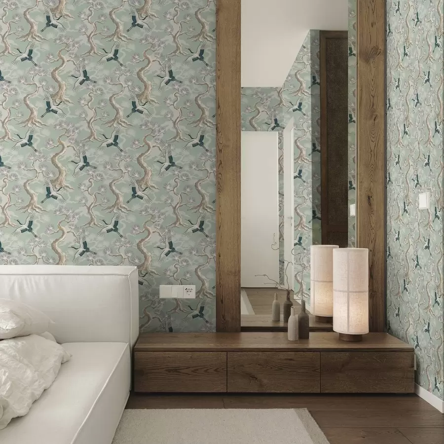 Фототапет Журавли сред извити клони на мек салатов фон a01023