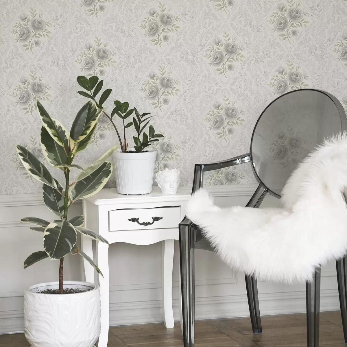 Тапети Лек дамаски мотив със сиви рози в меки ромбове a01024