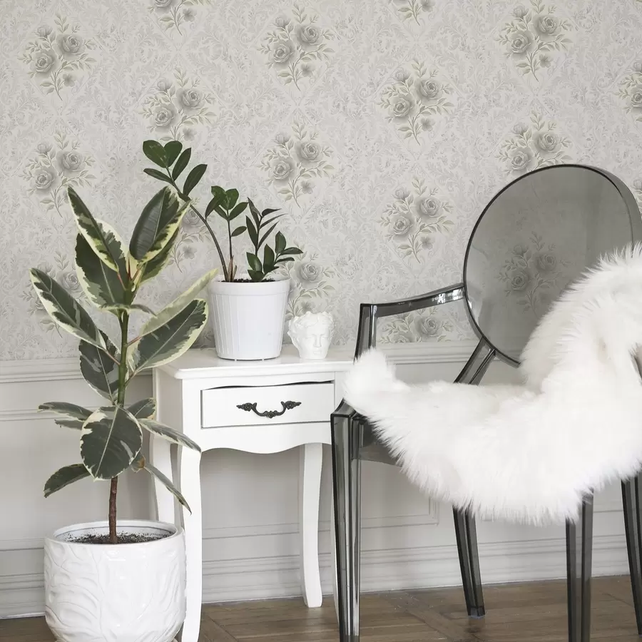 Фототапет Лек дамаски мотив със сиви рози в меки ромбове a01024