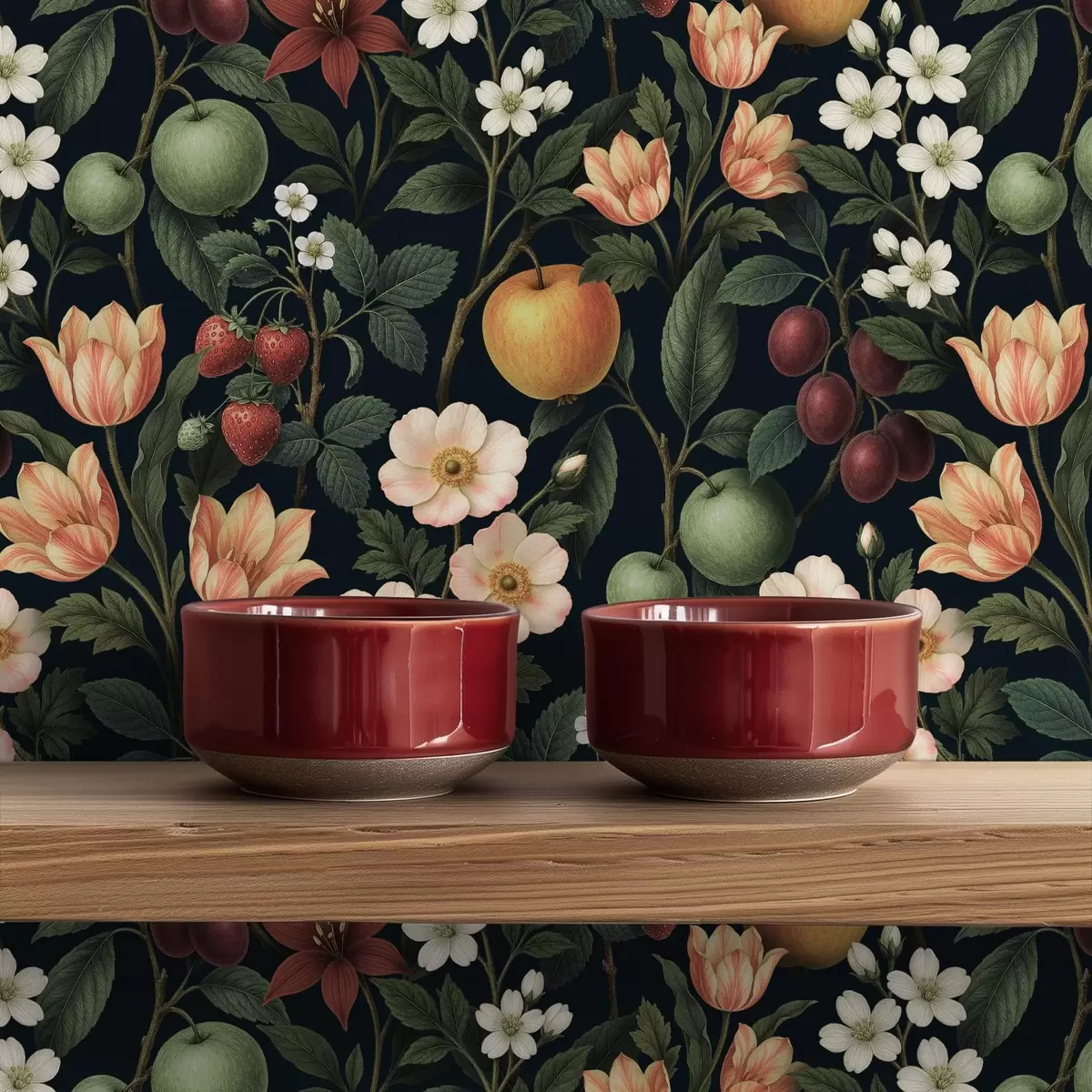 Тапети Тъмна градина с цветя, узрели ябълки и плодове a01034