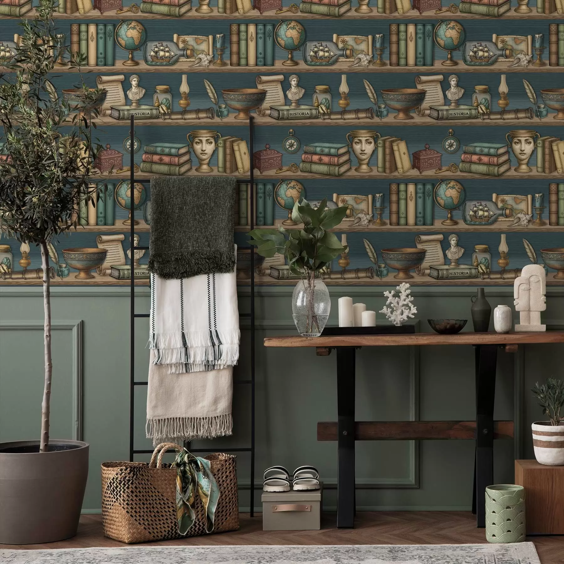 Фототапет Ретро рафтове с книги, глобус и морски куриози a01036