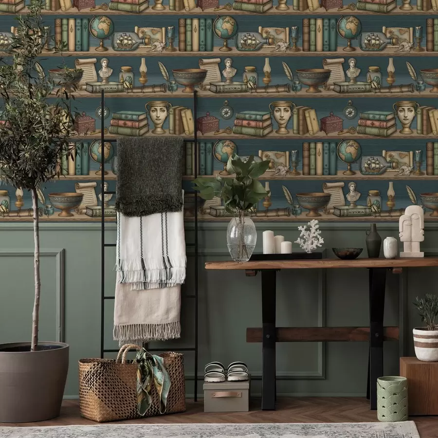 Фототапет Ретро рафтове с книги, глобус и морски куриози a01036