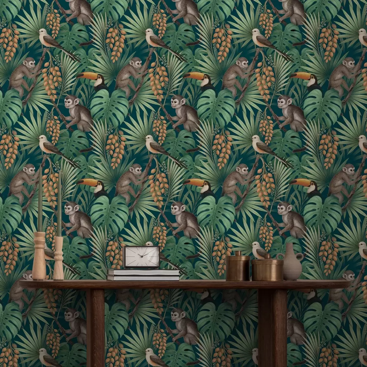 Тапети Маймуни и тропически птици в гъстата растителност на джунглата a01037