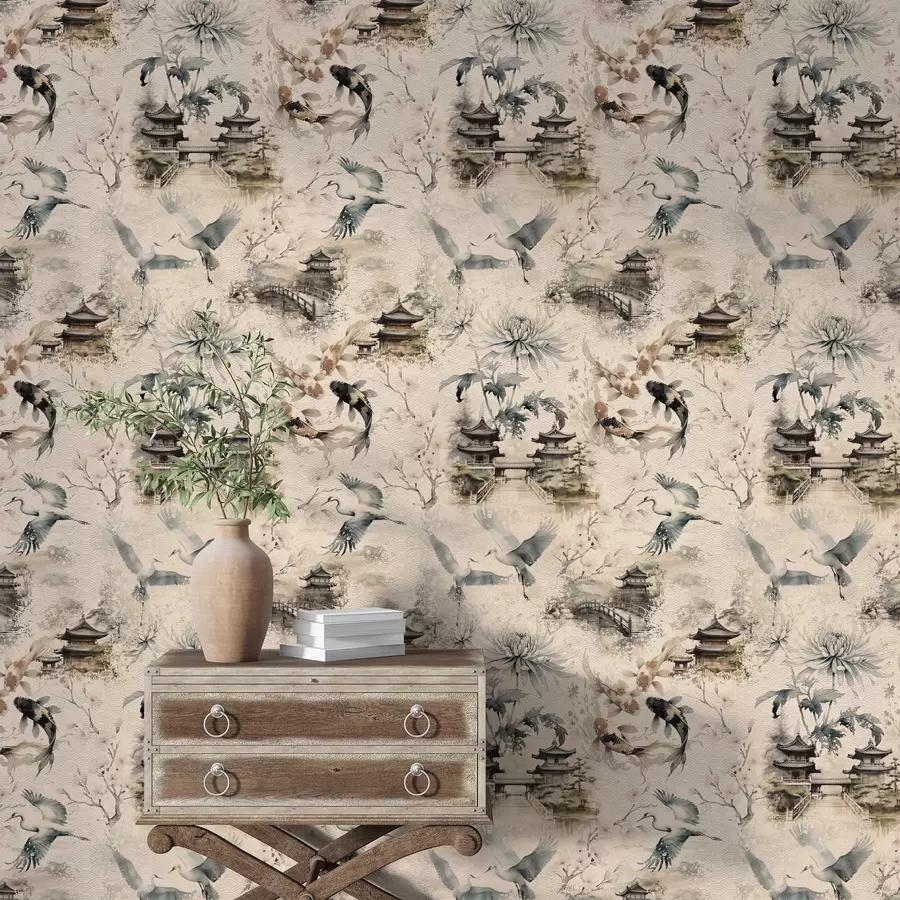 Фототапет Японски храмове, кои риби и жерави на мек фон a01040